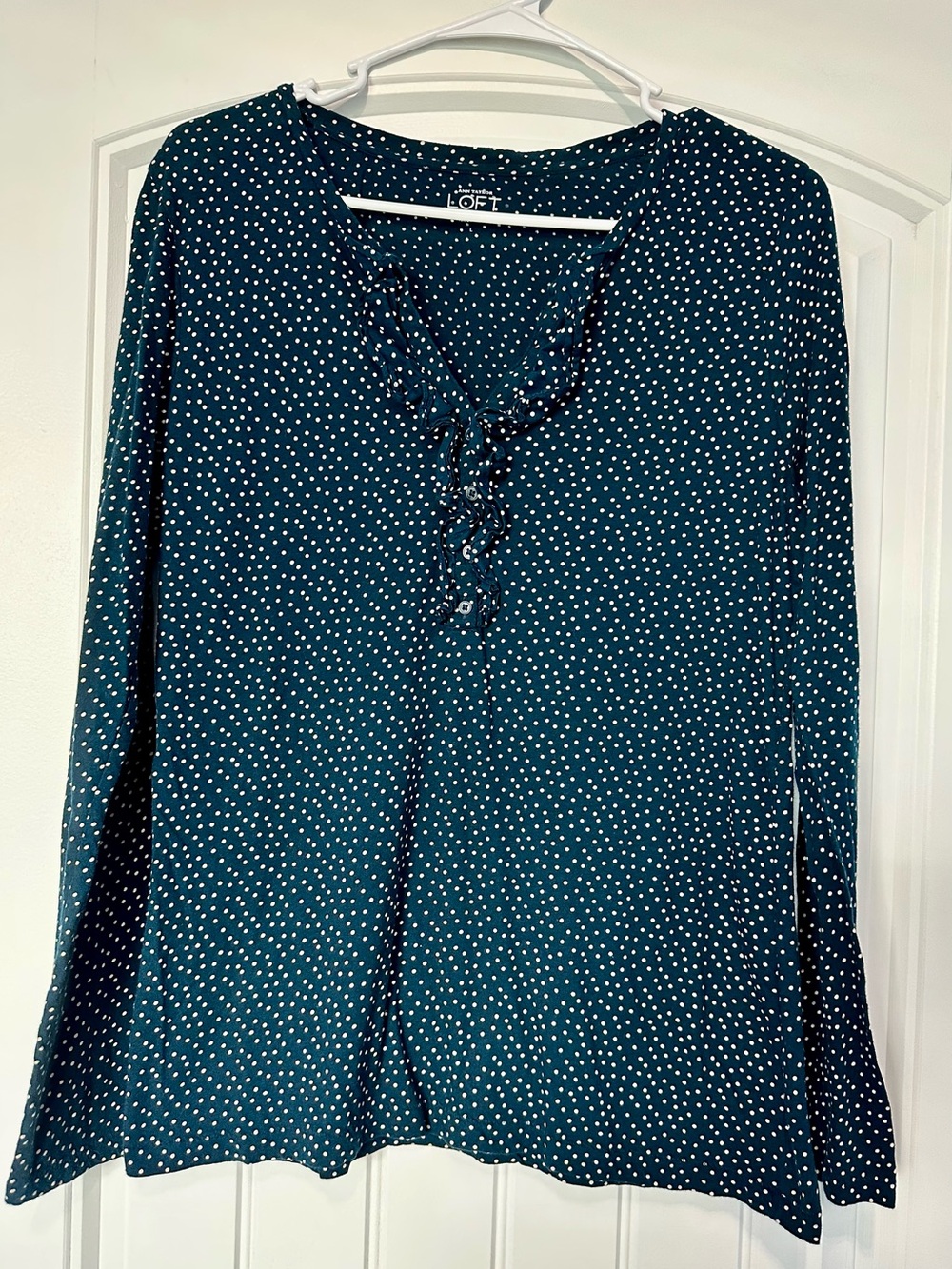 LOFT Navy with White Dots Ruffle down neck Long Sleeve Blouse